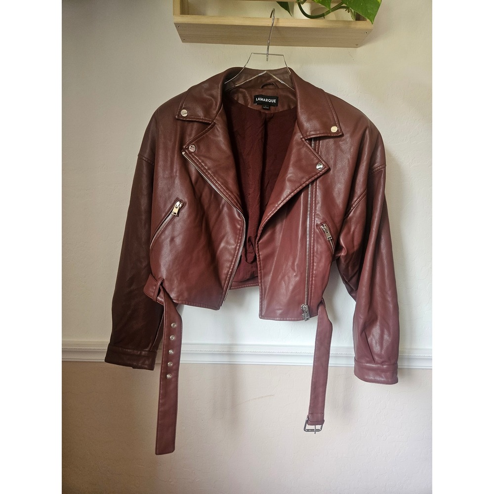 Lamarque Women's Mahogany Brown Dani Moto Jacket Large Cropped Belted Fall - Picture 8 of 14